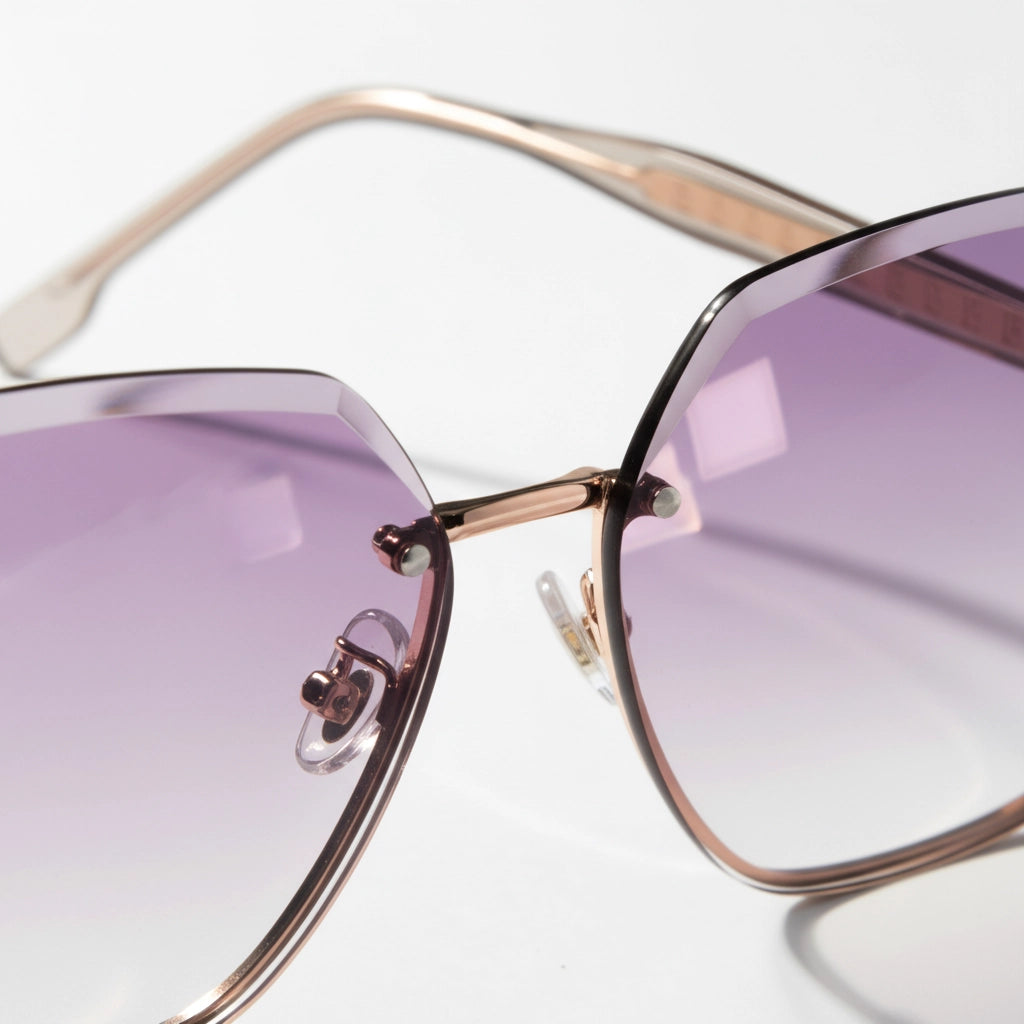 Sunglasses with purple lenses and gold frame on a white background