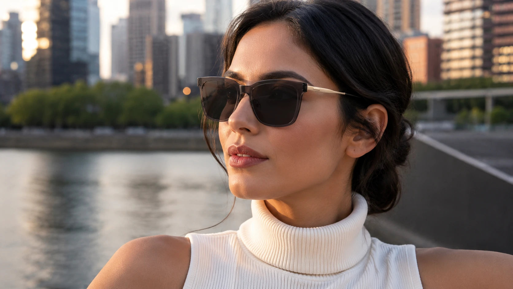 Portrait of a woman wearing BAPORSSA halo square sunglasses with smoke
     grey frames and gold temples, showcasing a classic and sophisticated
     fashion style.