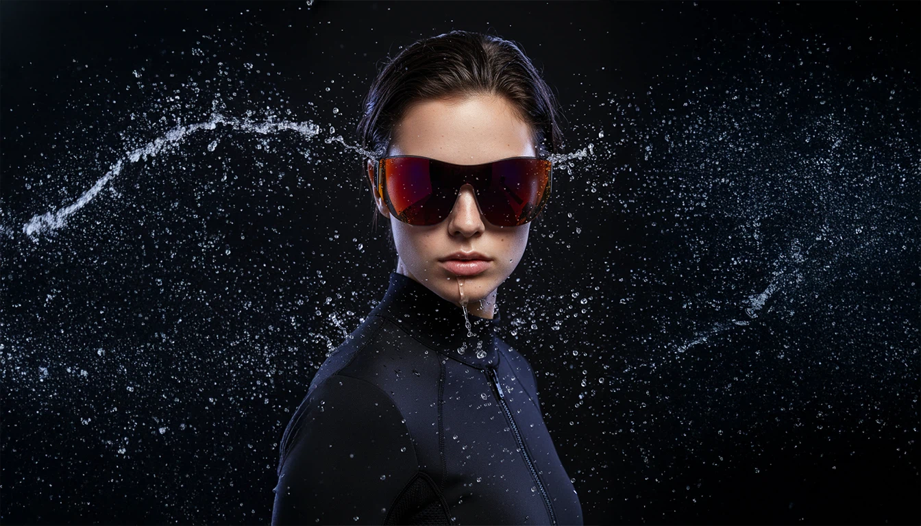 Person wearing a black outfit and sunglasses against a dark background with star-like particles.