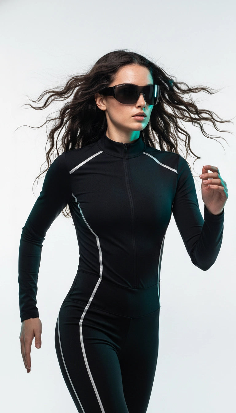 Woman wearing a black athletic outfit with white stripes on a light gray background