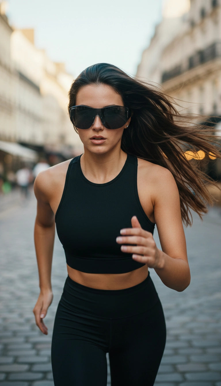 Woman running on a city street wearing black sunglasses and athletic wear.