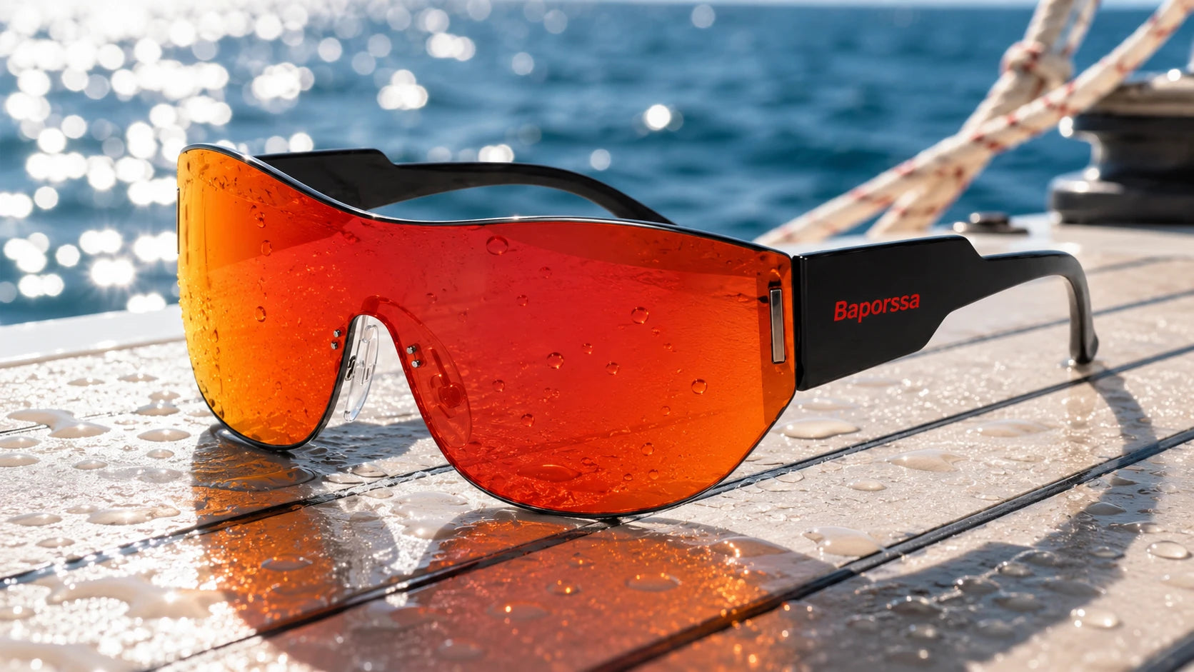 BAPORSSA Red Orange Shield Sunglasses Wet Deck Detail