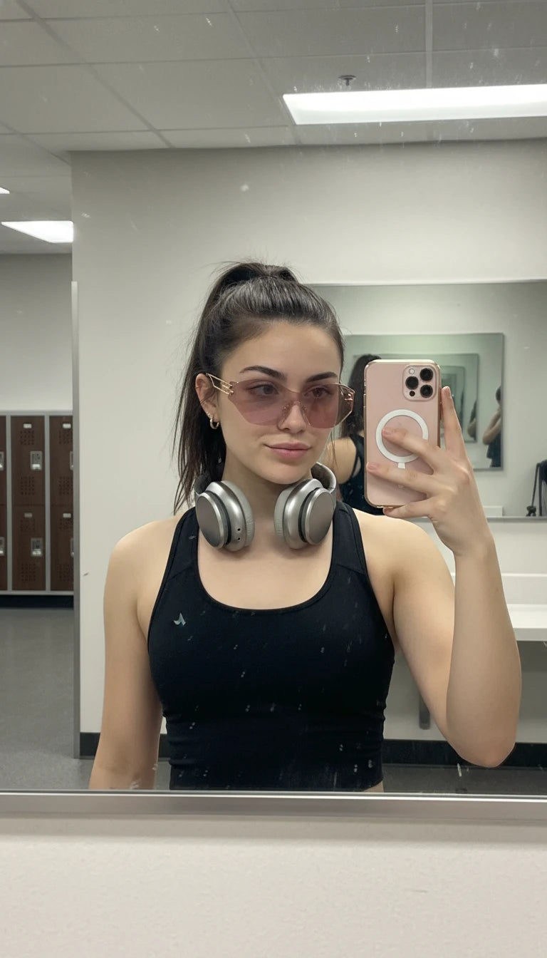 Person taking a mirror selfie wearing a black tank top and headphones, with a neutral background.