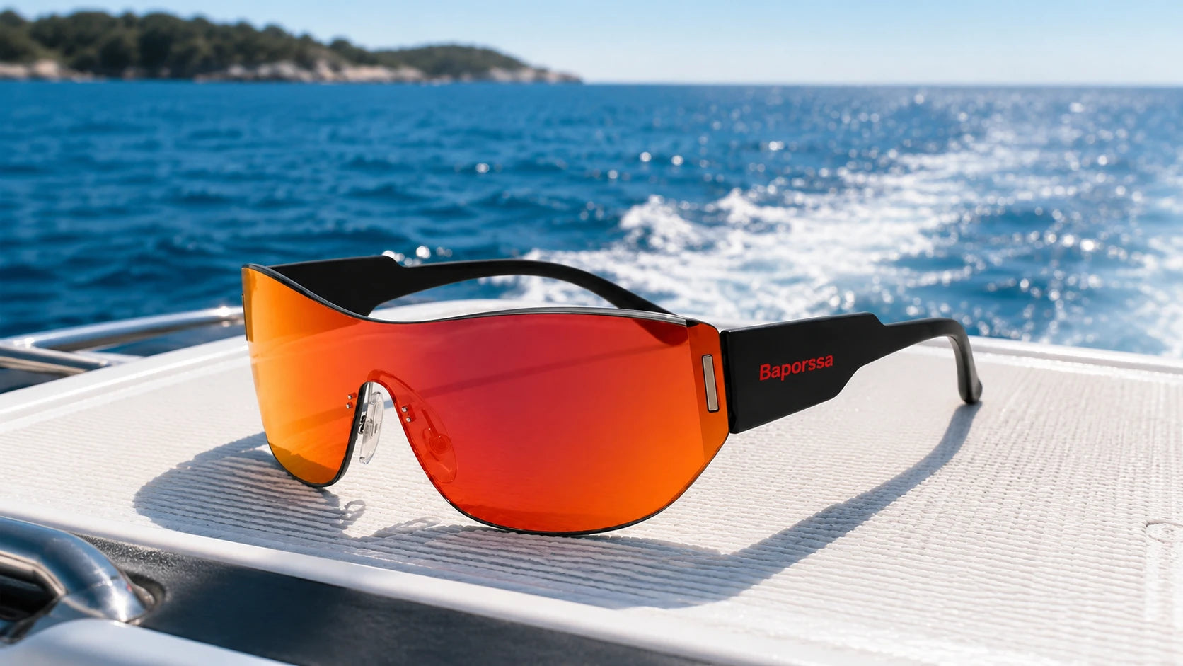 BAPORSSA Shield Sunglasses on Yacht Deck