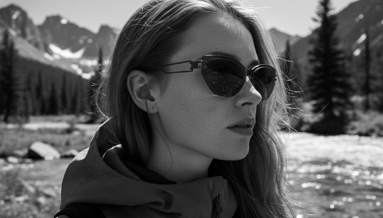 Person wearing sunglasses with a mountainous landscape in the background