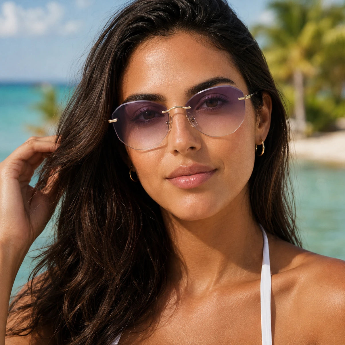 Female model wearing Backbone rimless sunglasses with purple gradient lenses in a relaxed beach lifestyle scene