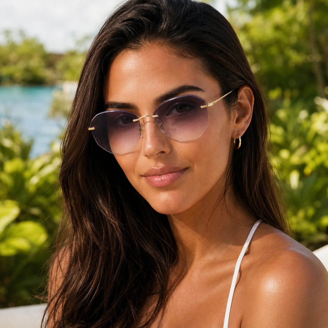 Female model wearing Backbone rimless sunglasses with purple gradient lenses in a sunny resort setting