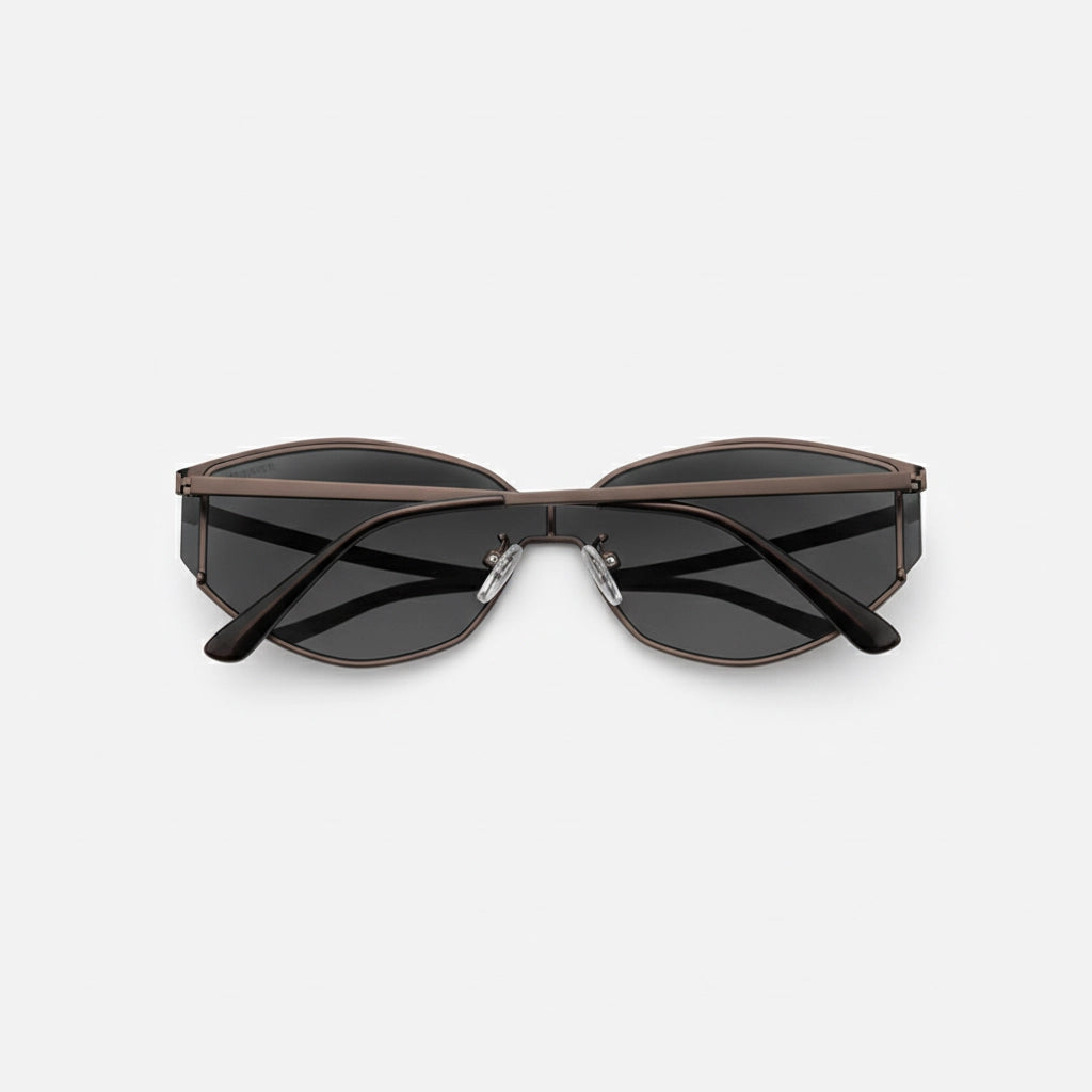 Metallic gunmetal black half-rim cat-eye sunglasses side view floating product photography