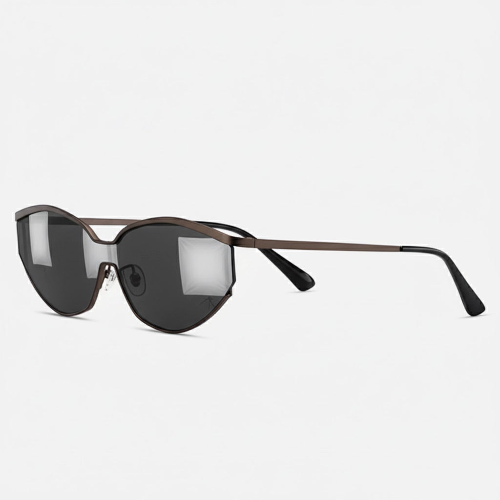 Metallic gunmetal black half-rim cat-eye sunglasses side view floating product photography
