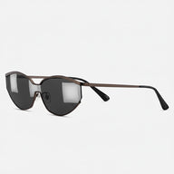 Metallic gunmetal black half-rim cat-eye sunglasses side view floating product photography