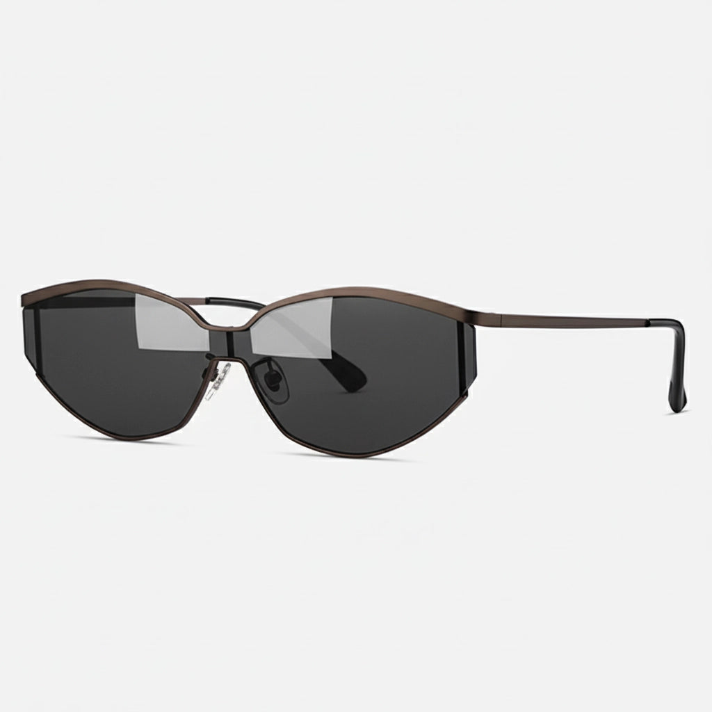 Metallic gunmetal black half-rim cat-eye sunglasses side view floating product photography