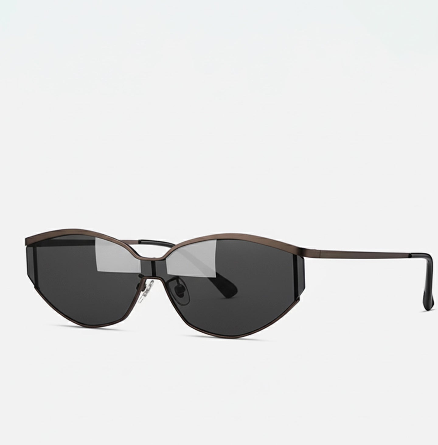 Metallic gunmetal black half-rim cat-eye sunglasses side view floating product photography