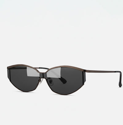 Metallic gunmetal black half-rim cat-eye sunglasses side view floating product photography