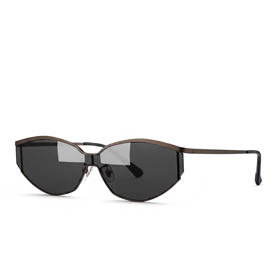Sunglasses with a black frame and dark lenses on a white background