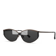 Sunglasses with a black frame and dark lenses on a white background