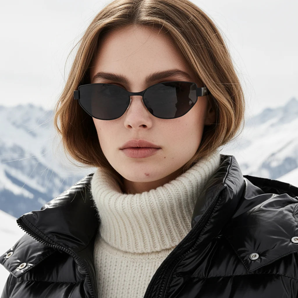 Woman wearing sunglasses with a mountainous background