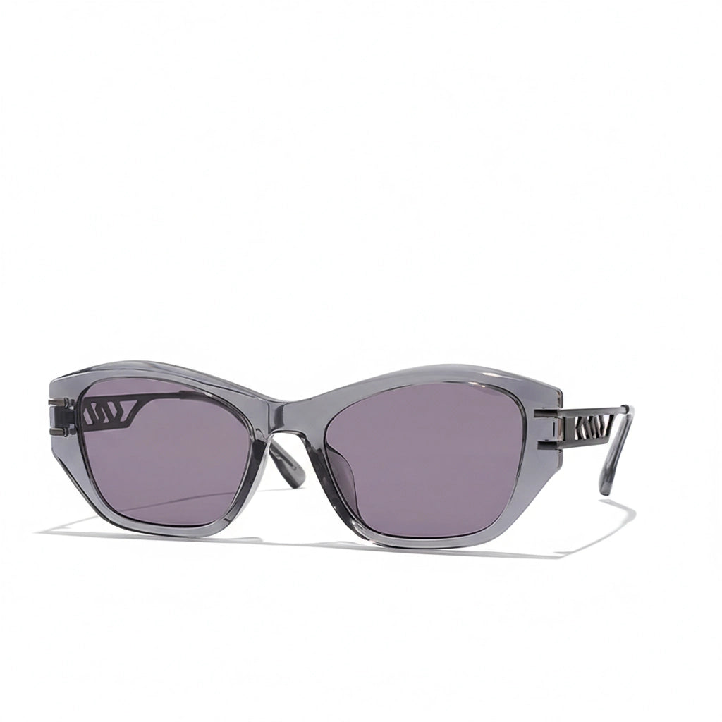 Sunglasses with a clear frame and purple lenses on a white background