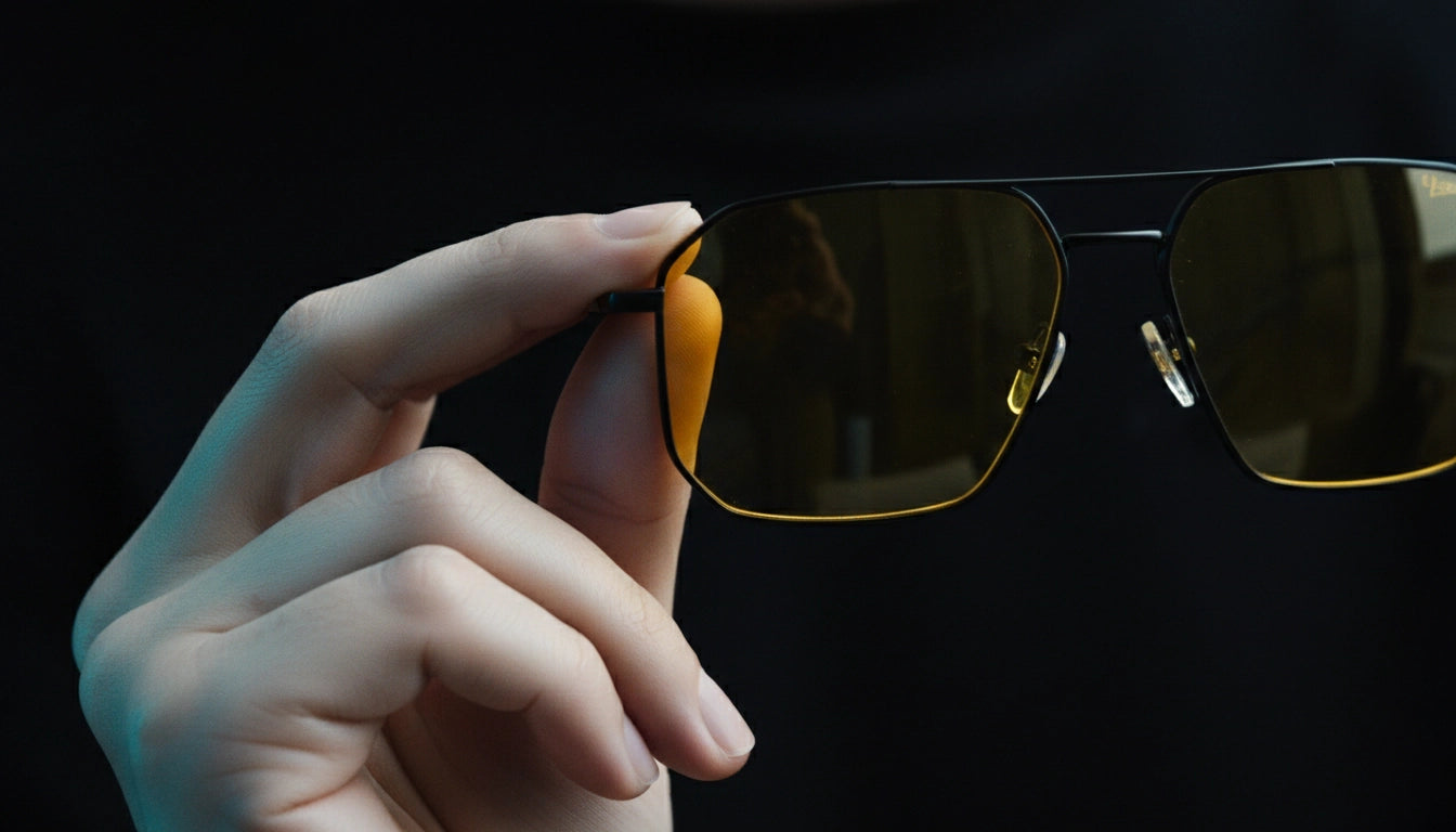 Hand holding a pair of sunglasses against a black background