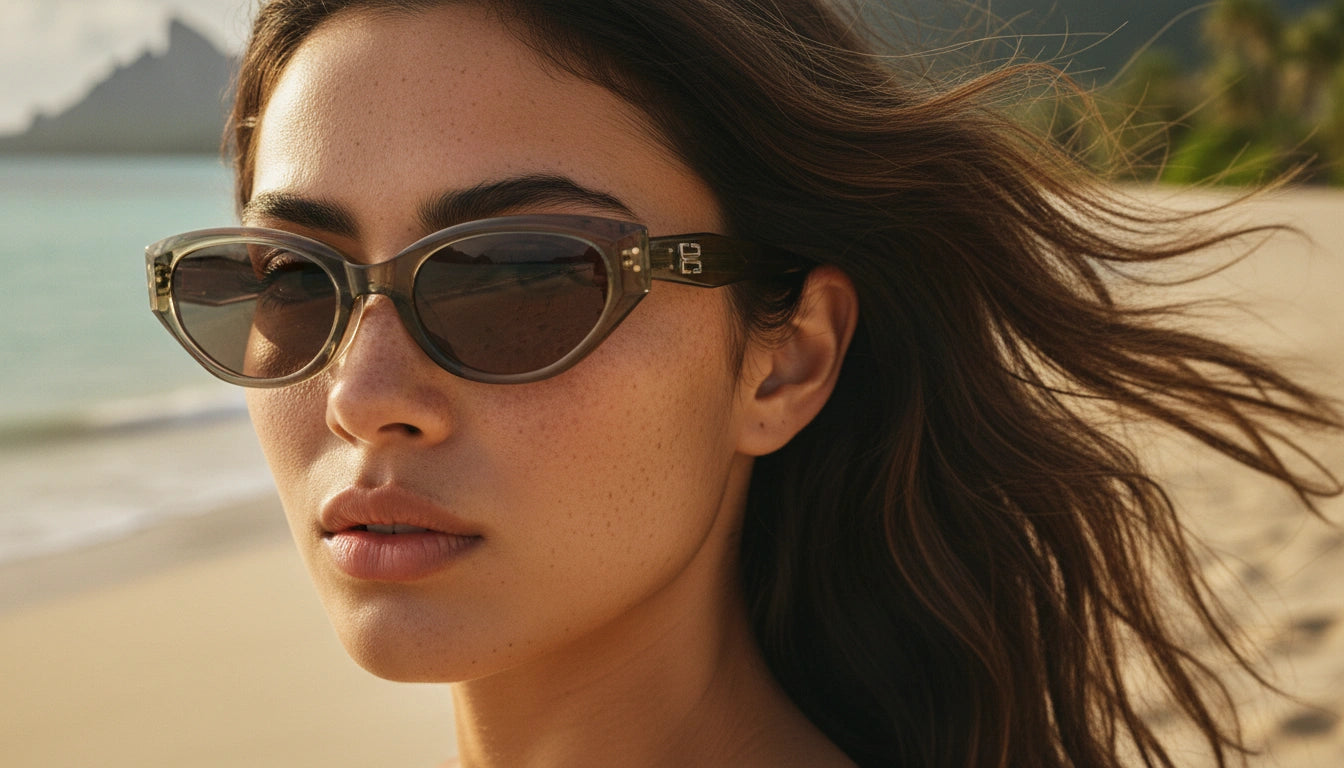 Woman wearing sunglasses on a beach with ocean and mountains in the background