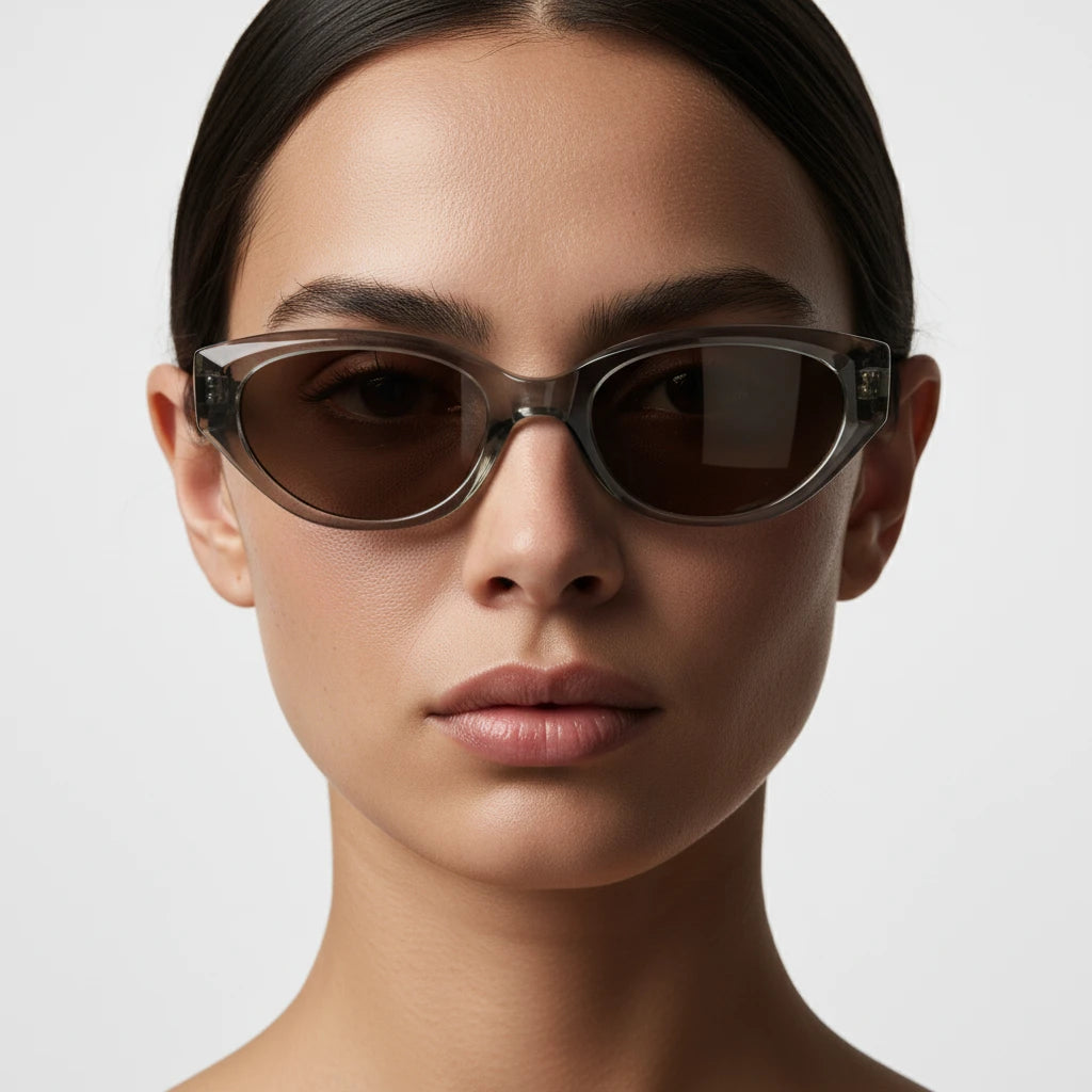 Sunglasses worn by a model on a plain background