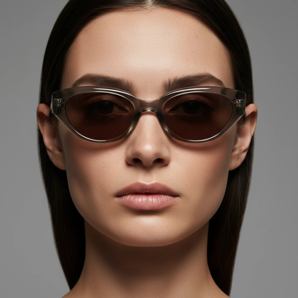 Close-up of a person wearing sunglasses with a neutral background