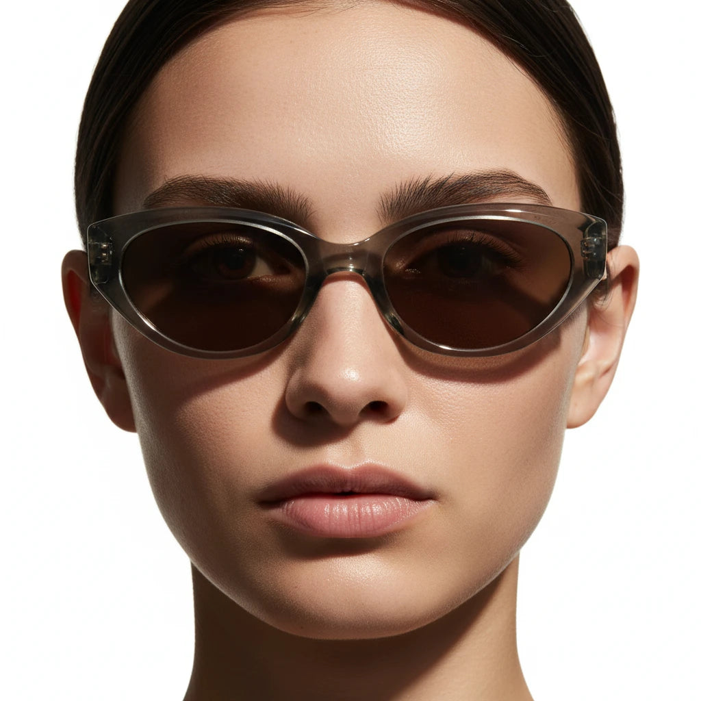 Close-up of a person wearing brown sunglasses with a neutral background