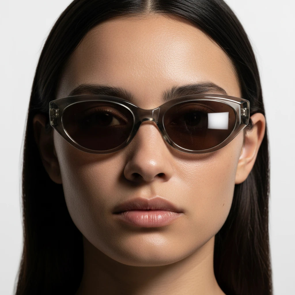 Close-up of a person wearing sunglasses with a plain background