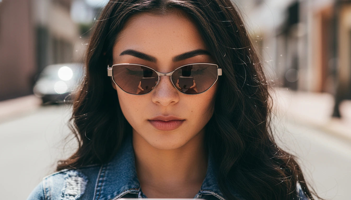 Woman wearing sunglasses on a street background
