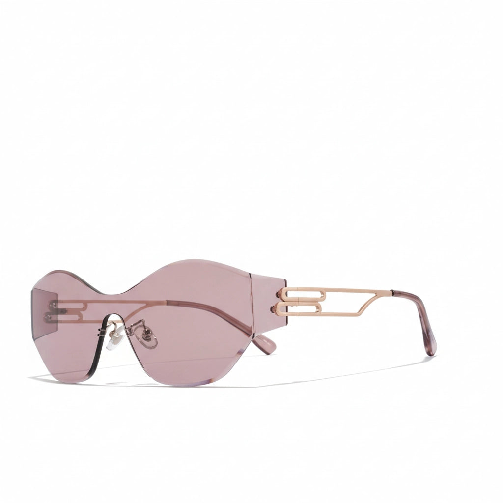Pink sunglasses with a unique frame design on a white background