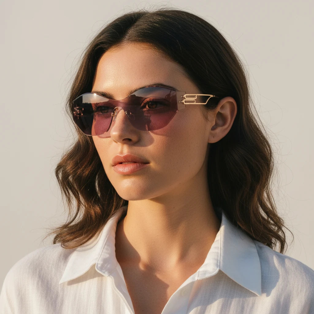 Woman wearing rimless rose-pink cat-eye sunglasses close-up portrait – 2025 viral shade