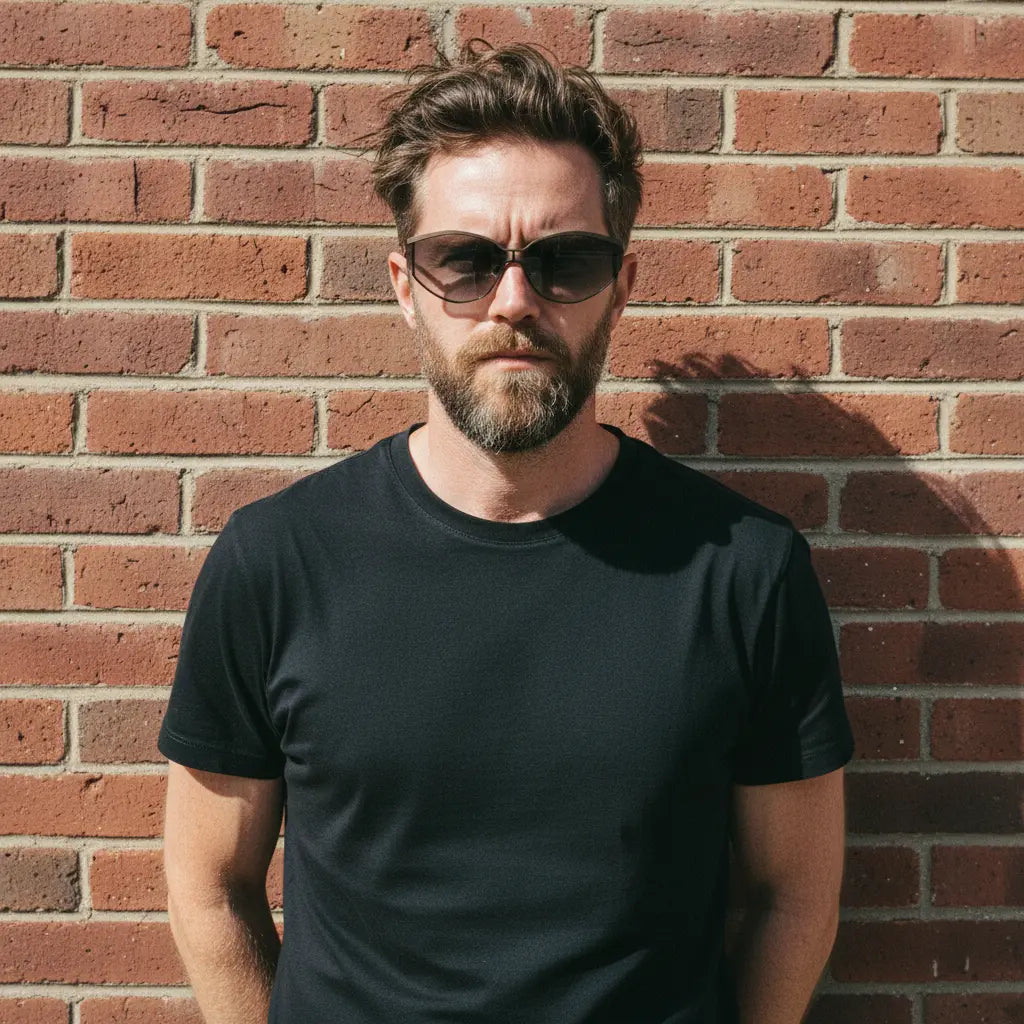 Bearded mature man wearing black cat-eye sunglasses against red brick wall, strong sunlight street portrait