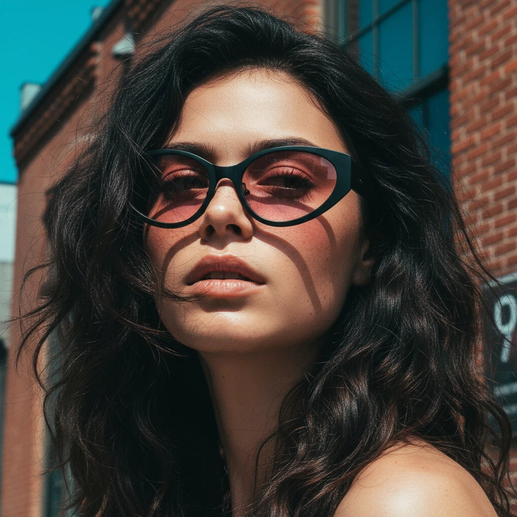 Woman wearing large black sunglasses with a brick building in the background