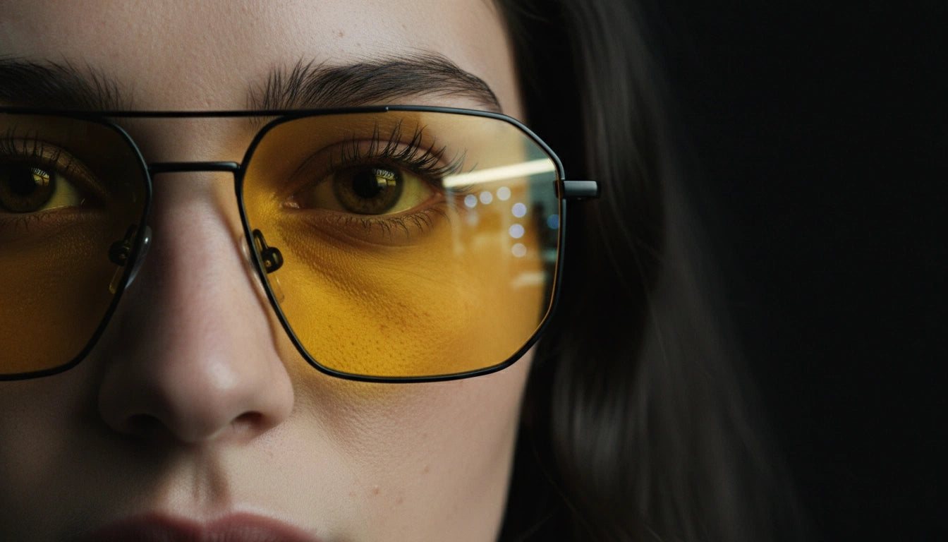 Close-up of a person wearing yellow-tinted glasses with a dark background