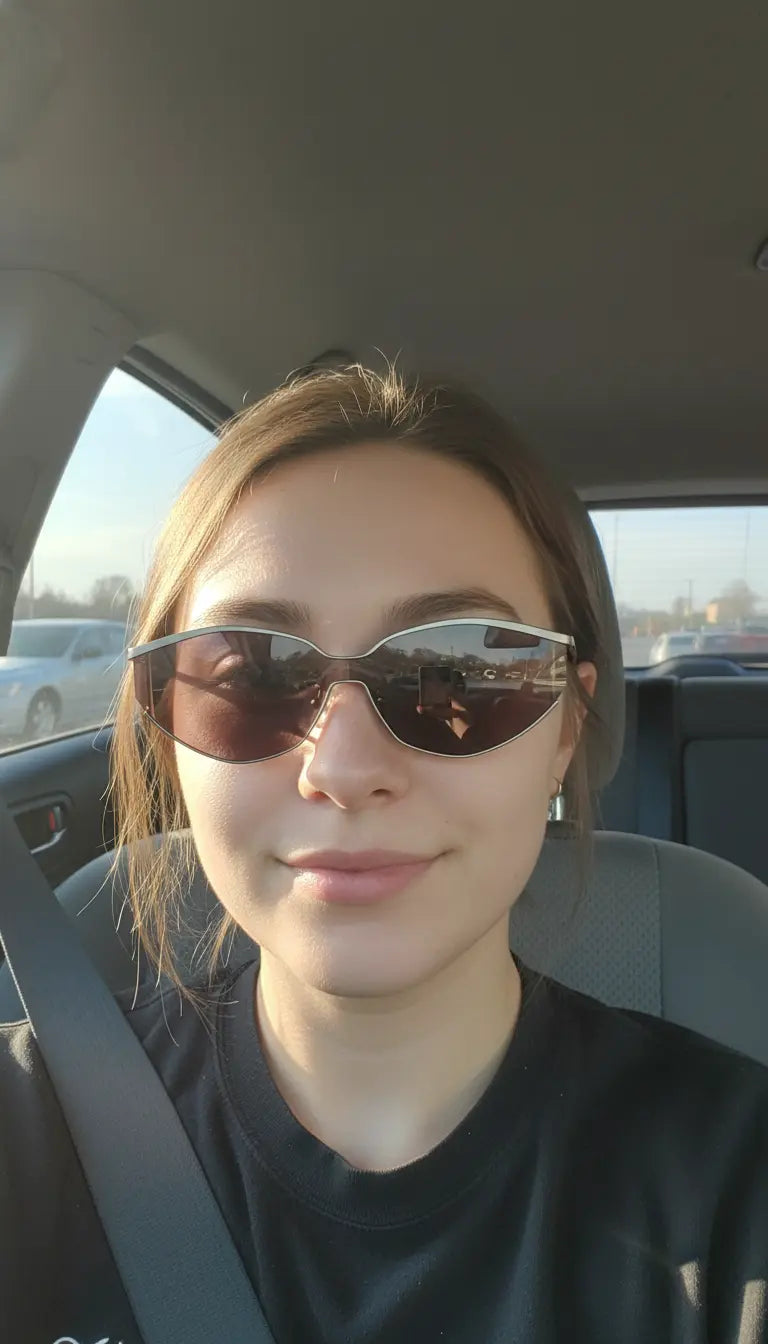 A woman in a black top takes a selfie in a car (wearing a seatbelt), her cat-eye tinted sunglasses mirroring the street and car interior, ideal for reducing sun glare.
