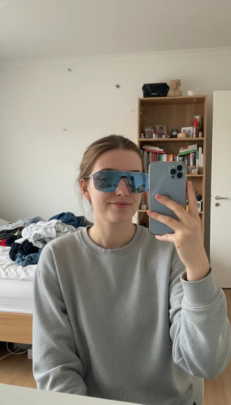 A woman in a gray sweatshirt takes a phone selfie, showcasing large reflective blue sunglasses; a cluttered bed and bookshelf fill the bedroom background.