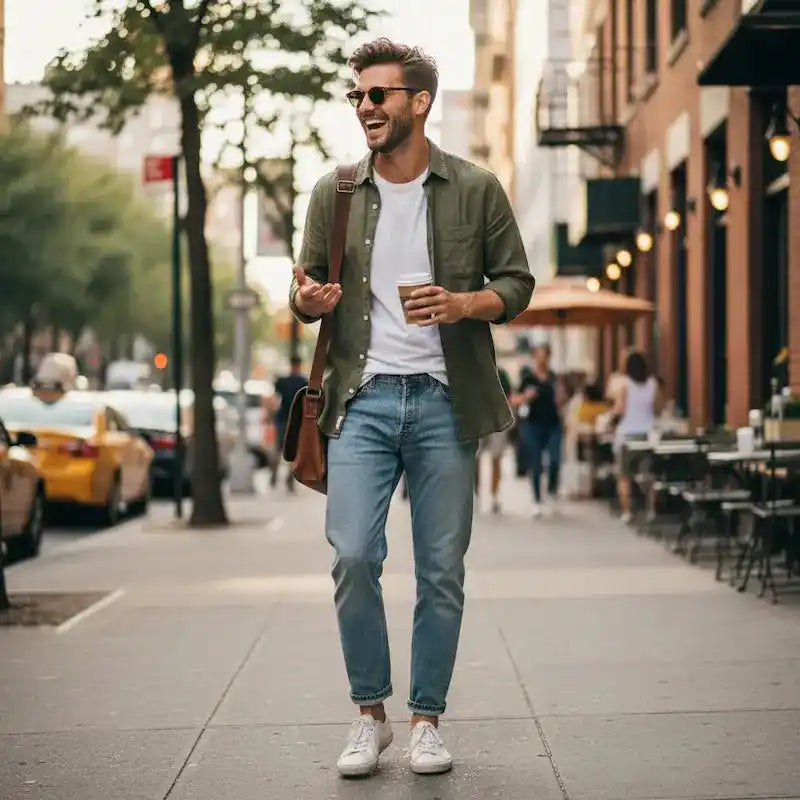Casual urban style men’s sunglasses, man in city with coffee and trendy eyewear
