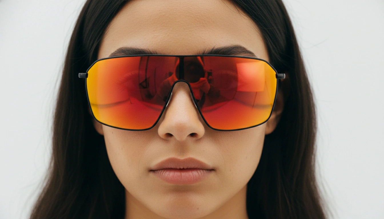 Front-facing portrait of a woman wearing red mirrored shield sunglasses with a one-piece visor lens, highlighting a sleek modern fashion eyewear design.
