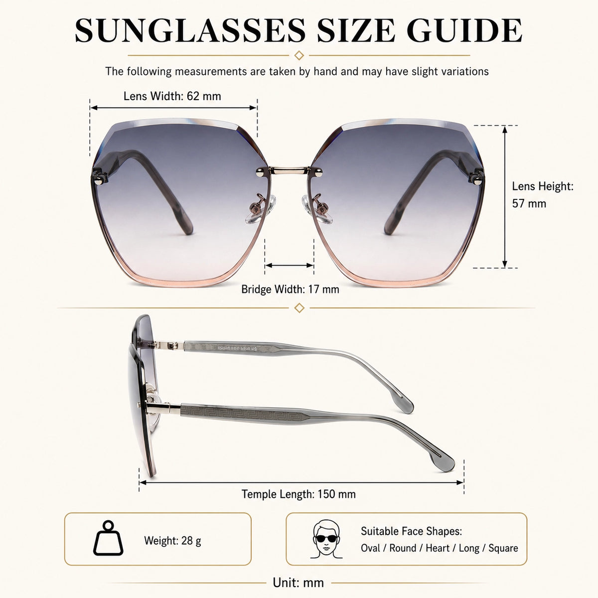Óculos de sol Contour oversized sem aro com lentes degradé size guide with frame measurements