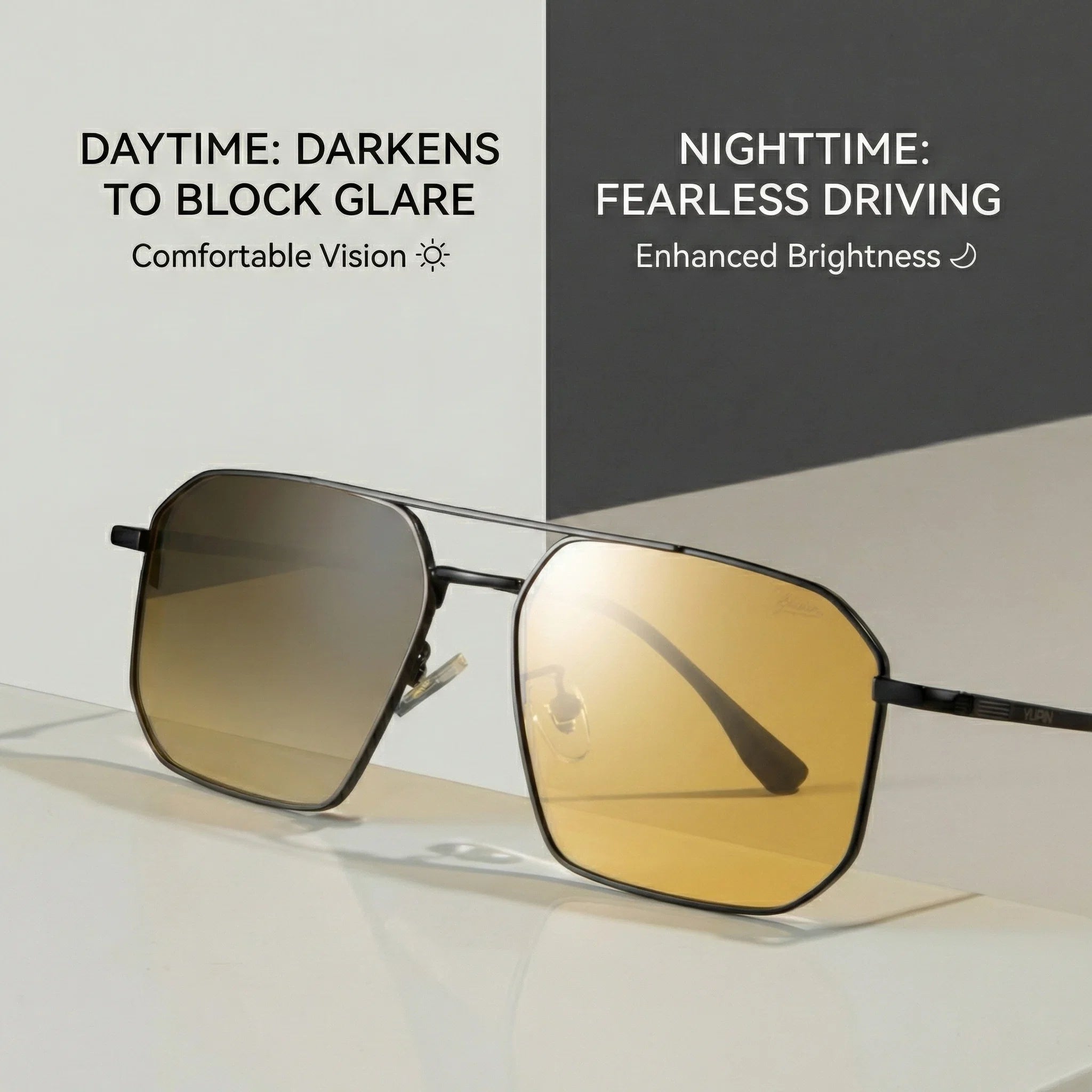 Sunglasses with different lens tints for daytime and nighttime on a light background