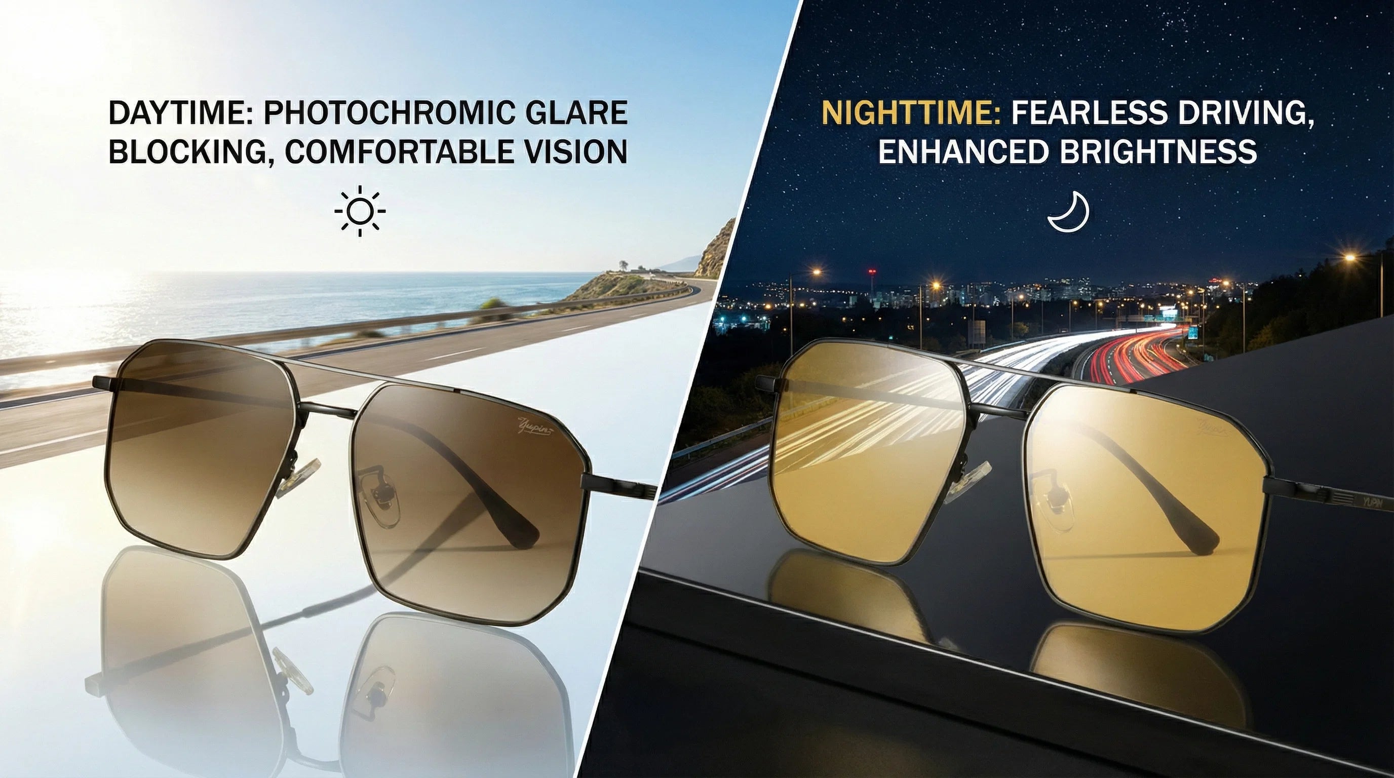 Sunglasses shown in day and night settings with text about photochromic glare and enhanced brightness.