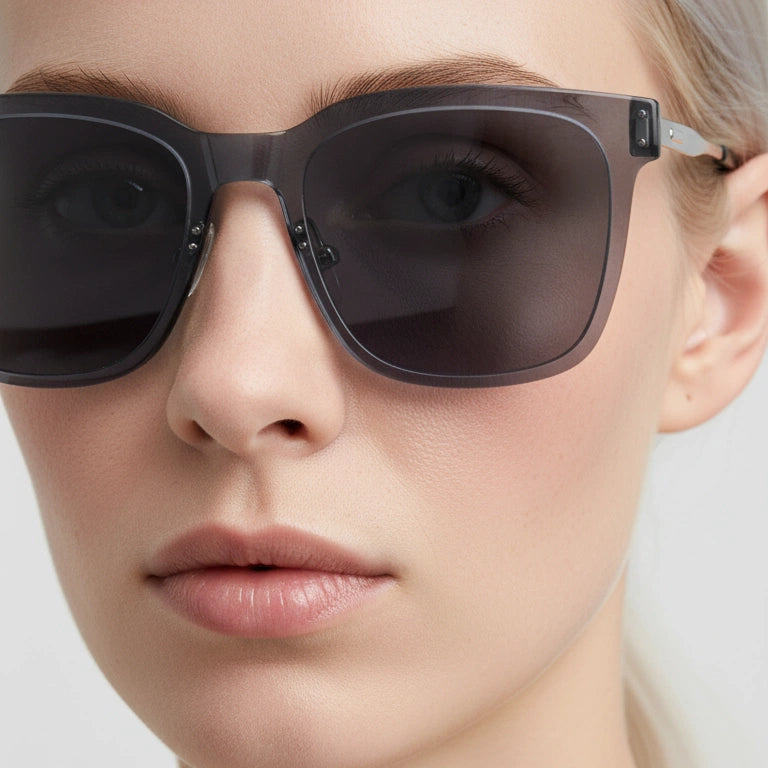 Close-up of a person wearing dark sunglasses with a neutral background