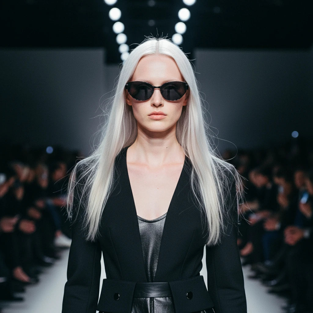 Runway model with long platinum hair wearing luxury matte black titanium cat-eye sunglasses, front view