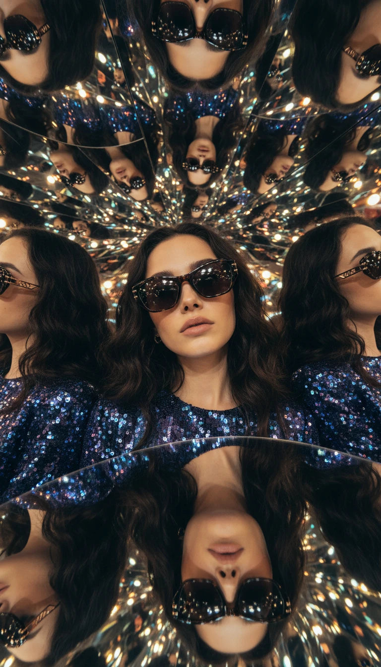 A kaleidoscopic, mirrored portrait of a woman wearing a dark blue sequined top and chunky, dark brown cat-eye sunglasses. The image is a dizzying pattern of repeated reflections and sparkling lights, creating a nightlife or party scene aesthetic.