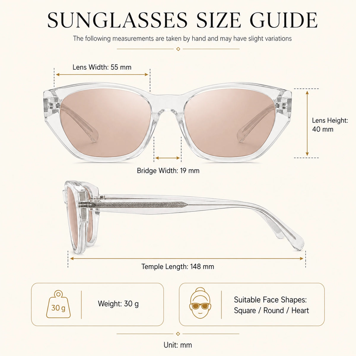 Dune Sculpted Cat-Eye Sunglasses size guide with frame measurements