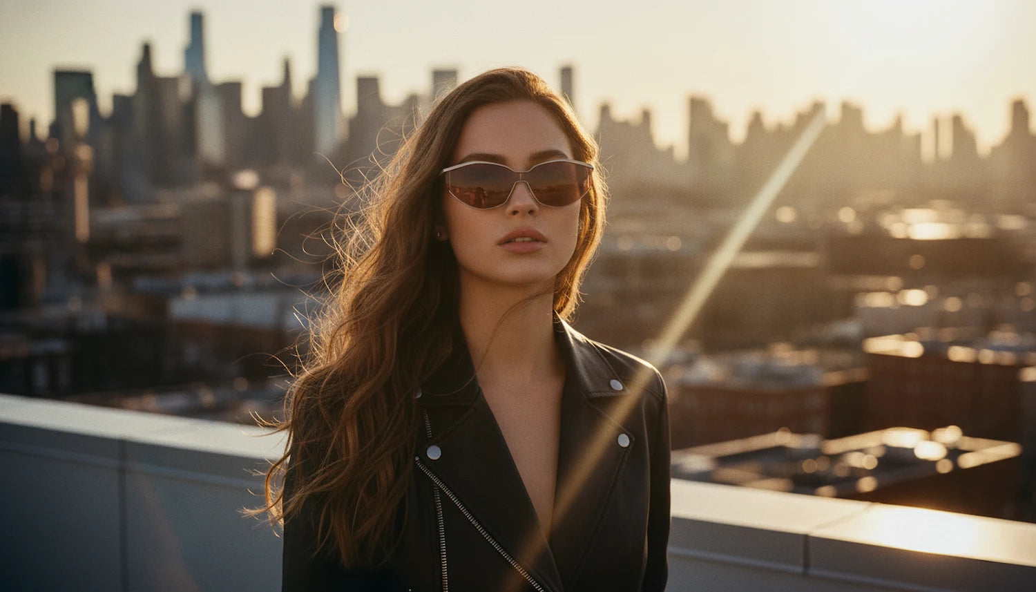 A woman wears cat-eye sunglasses with a black leather jacket, posing on a rooftop at golden hour, merging bold eyewear design with city-inspired edge.
