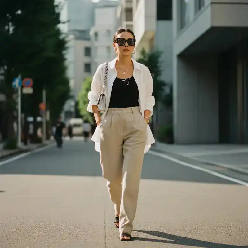 Effortless urban style sunglasses, woman in casual-chic outfit with city backdrop