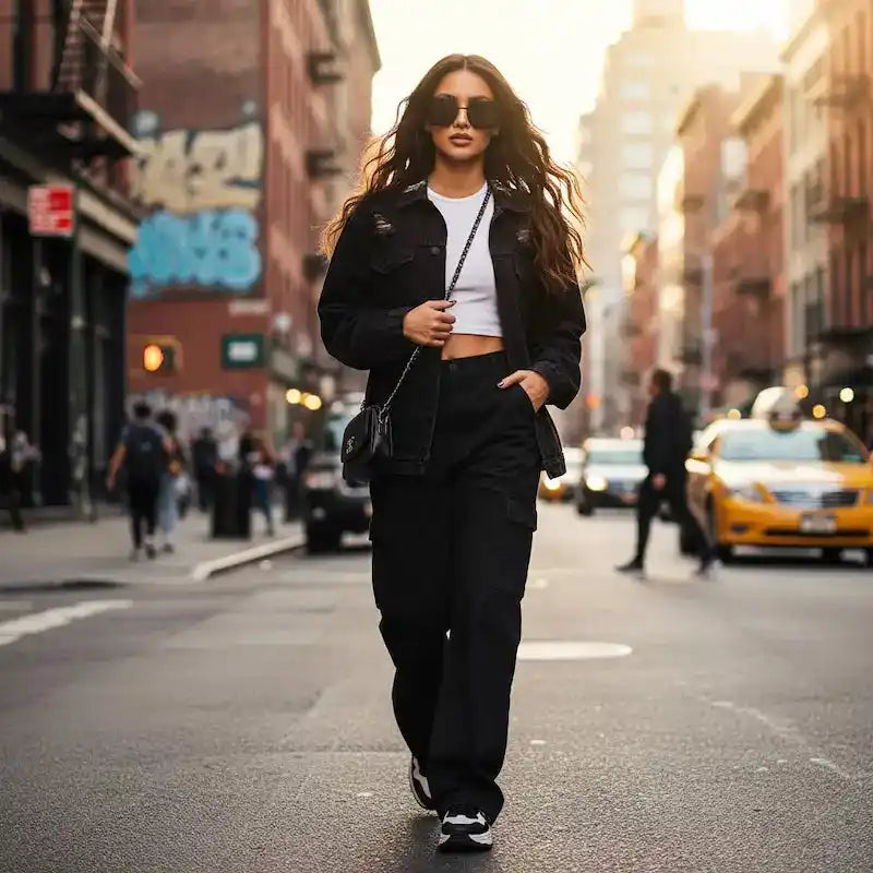 Luxury sunglasses city fashion editorial, woman in black outfit with urban backdrop
