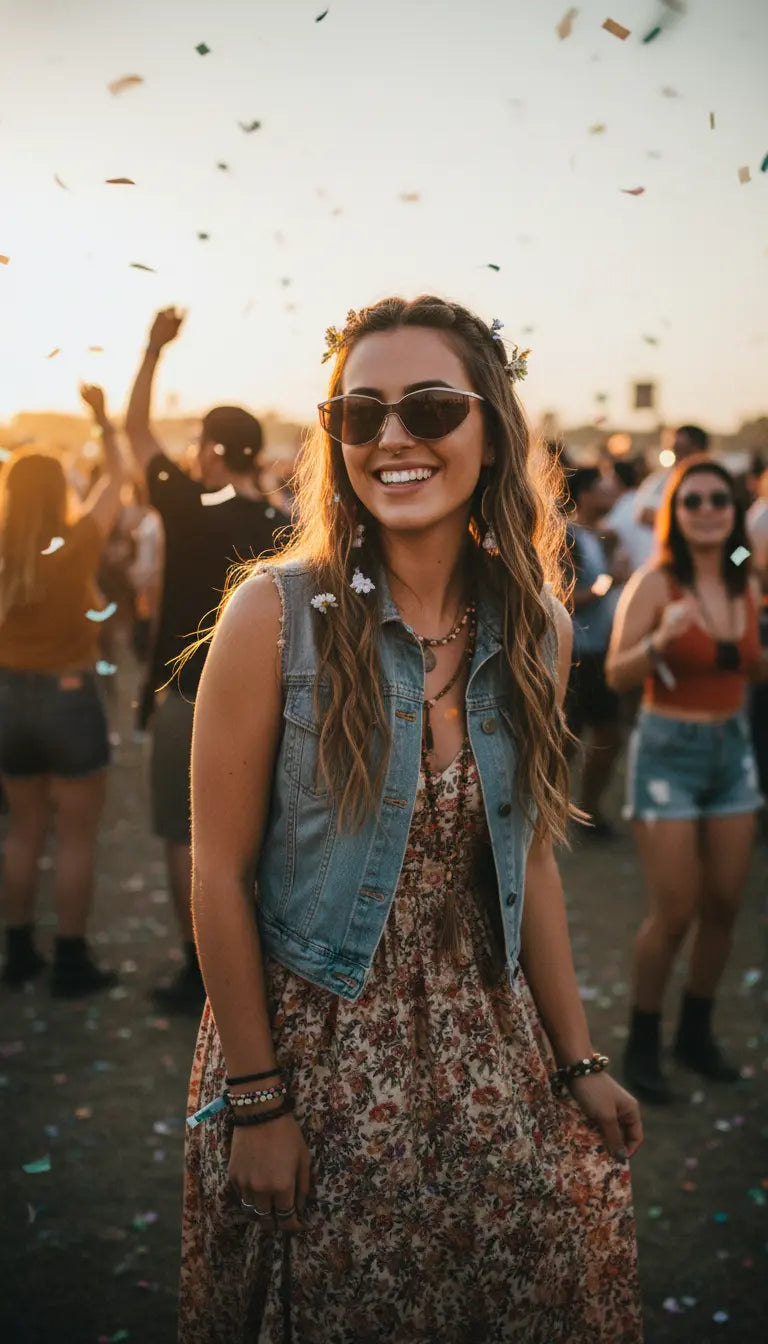 A smiling woman wears cat-eye sunglasses, a floral maxi dress, and a denim vest while attending an outdoor concert at sunset; confetti floats in the air, and a crowd of festival-goers dances in the background, evoking a bohemian, joyful vibe.
