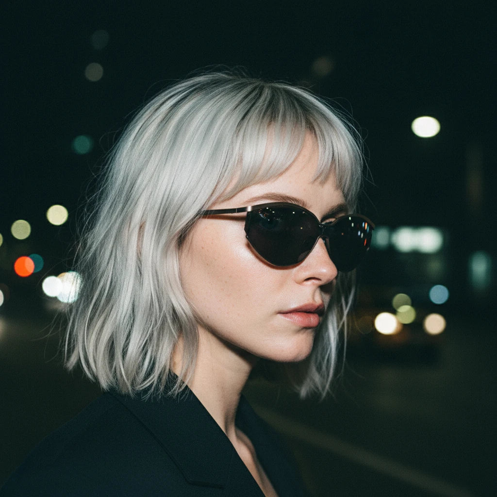 Platinum Blonde Bob Hair Girl in Cat-Eye Sunglasses - Night Street Portrait