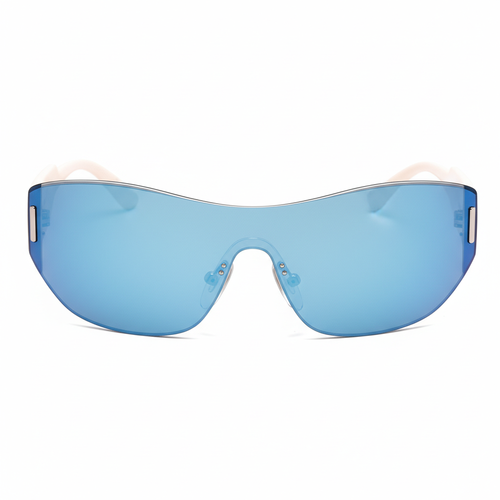 Sunglasses with blue reflective lenses on a white background